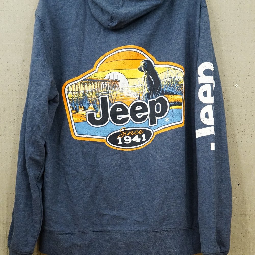 NWOT JEEP Jedco XL Jersey Zip Hoodie Ladies Blue Retro Dog Sunset Since 1941
